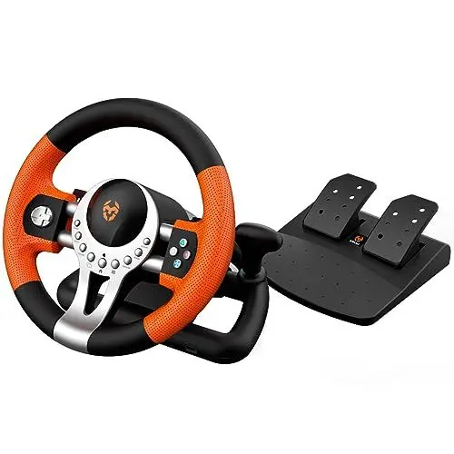 Produktbild: KROM K-Driver Multiplattform-Lenkrad und Pedalen-Set, Schalthebel und Schaltwippen am Lenkrad, Vibrationseffekt, kompatibel mit PC, PS3, PS4 und Xbox, Schwarz/Orange