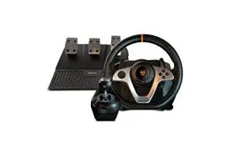Produktbild: KROM K-WHEEL PRO - Set aus Lenkrad, Pedalen und Schalthebel, Lenkradpaddles, 3 Empfindlichkeitsstufen, PC, PS3, PS4, XBOX ONE & SWITCH, schwarz