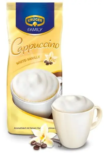 Produktbild: KRÜGER Family Cappuccino White Vanille, aromatisiertes Getränkepulver mit löslichem Bohnenkaffee, koffeinhaltig, 500 g Beutel