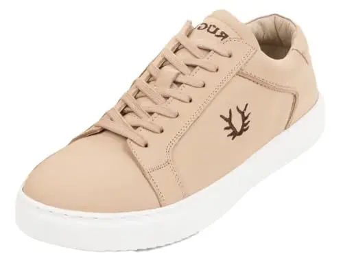 Produktbild: Krüger Trachtensneaker Leder | Sneaker mit Geweih Stickerei | Unisex Trachtenschuhe (beige, EU Schuhgrößensystem, Erwachsene, Numerisch, M, 44)