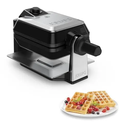 Produktbild: Krups FDD95D Professionelles, Doppelwaffeleisen, 2 belgische Waffeln gleichzeitig, Dreh-Funktion für perfekte Waffel, 7 Bräunungsstufen, spülmaschinengeeignete Platten, 1200W, Schwarz