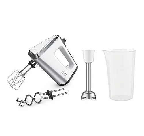 Produktbild: Krups 3 Mix 9000 Handmixer, 750 Watt, Geschwindigkeitsregler, Turbomodus, ergonomischer Griff, Handrührgerät inkl. Schneebesen, Knethaken, Pürierstab-Aufsatz, Messbecher, weiß/silber, GN9121
