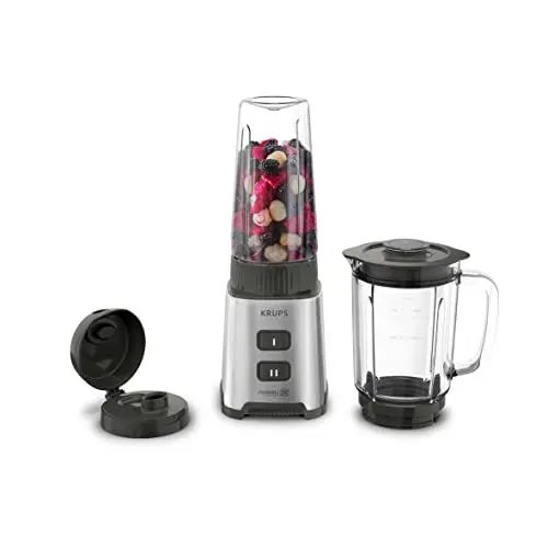 Produktbild: Krups KB17GD Pulseo Mini-Standmixer | 400 Watt | Powelix-Technologie | herausnehmbare Klingen | 2 Geschwindigkeiten | Textur-Kontrolle | Glasbehälter und Tritan-Mixbehälter | Silber/Grau