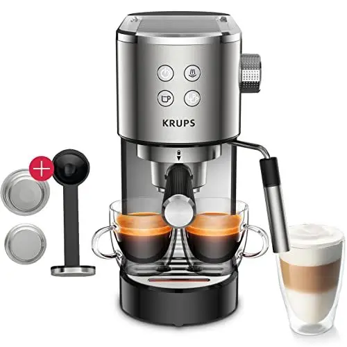 Produktbild: Krups Virtuso Espresso Siebträgermaschine 15 Bar + Tamper, Testsieger bei Stiftung Warentest, Professioneller Milchschaumdüse, automatischer Abschaltung, ESE Kaffeepads geeignet Edelstahl