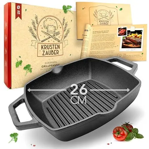 Produktbild: KRUSTENZAUBER 26cm Grillpfanne Induktion Doppelgriff - Geriffelte Gusseisenpfanne Induktion - Ideale Gusseisen Pfanne, Eisenpfanne, Cast Iron Pan, Bratpfanne, Gusseiserne Pfanne Skillet Gusspfanne