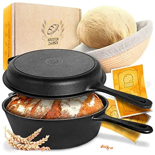 Produktbild: KRUSTENZAUBER 26cm Gusseisen Topf Brot Backen inkl. Gärkorb - Robuster Brottopf zum backen - Ideale Brotbackform mit Deckel, Gusseisenpfanne, Zubehör, Pfanne
