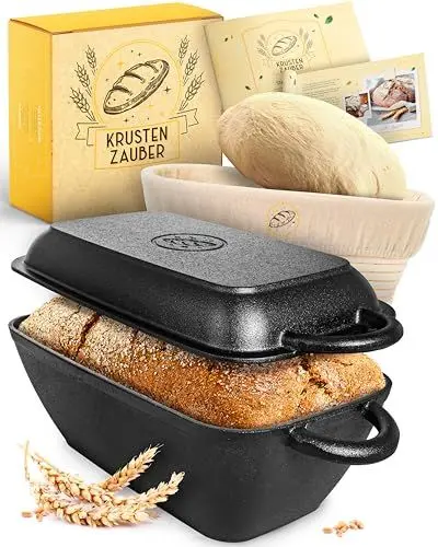 Produktbild: KRUSTENZAUBER 28cm Gusseisen Bräter mit Deckel backofengeeignet inkl. Gärkorb - eckiger Topf Brot Backen - Ideal als Ofenform, Induktion, Brotbacktopf, Zubehör