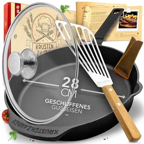 Produktbild: KRUSTENZAUBER Gusseisenpfanne Induktion 28cm inkl. Deckel und Pfannenwender - Geschliffene Pfanne Gusseisen, Eisenpfanne, Cast Iron Pan, Gusspfanne, Gusseiserne Pfanne, Gusseisen-Pfanne, Gusspfanne