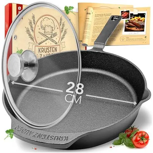 Produktbild: KRUSTENZAUBER 28cm Gusseisenpfanne Induktion Set - Voreingebrannte Gusseisen Pfanne - Ideale Grillpfanne Induktion, Eisenpfanne, Cast Iron Pan, Bratpfanne, Gusseiserne Pfanne Skillet Gusspfanne