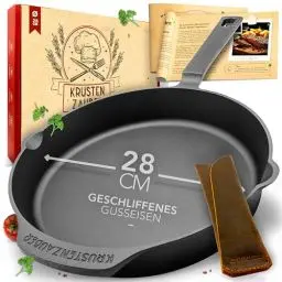 Produktbild: KRUSTENZAUBER Gusseisenpfanne Induktion 28cm inkl. Anleitung und Rezeptbuch - Geschliffene Pfanne Gusseisen, Eisenpfanne, Cast Iron Pan, Gusspfanne, Gusseiserne Pfanne, Gusseisen-Pfanne, Gusspfanne