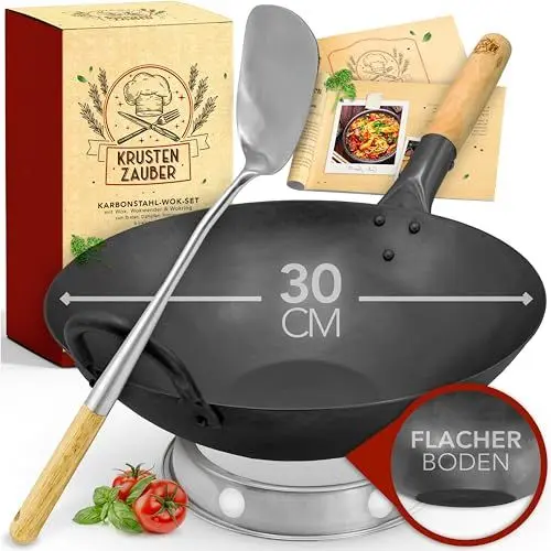 Produktbild: KRUSTENZAUBER 30cm Wokpfanne Induktion Voreingebrannt - Traditionelle Stahlwokpfanne Mit Wender und Ring - Pfanne, Induktion, Woklette, Zubehör, Carbon Steel Karbonstahl