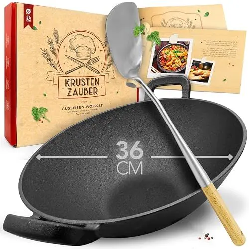 Produktbild: KRUSTENZAUBER 36cm Gusseisen Wok Induktion - Wokpfanne mit Wokwender - Ideal für Gasgrill, Herd, Ofen, als Paella Pfanne Gusseisen, Gusseisenpfanne Induktionsgeeignet für Stir Fry oder Sac Tava