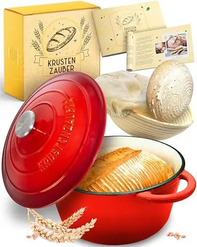 Produktbild: KRUSTENZAUBER Gusseisen Topf (inkl. Gärkorb) - Hochwertiger Emaille Topf 26cm - Idealer gusseiserner Brottopf zum Backen, Gusseisentopf Brotbacken, Brot Backen Zubehör