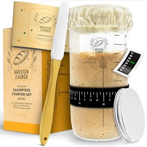 Produktbild: KRUSTENZAUBER Sauerteig Starter Set - 600ml Gärglas mit Spatel u. Thermometer - Brot Backen Zubehör, Sauerteig Glas, Fermentieren, Sourdough Starter Kit, Anstellgut Glas Behälter, Fermentierglas