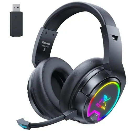 Produktbild: Krysenix PG4 RGB Wireless Gaming Headset für PS4, PS5, PC- 2.4GHz 7.1 Surround Sound, Bluetooth Gaming Kopfhörer mit abnehmbarem Mikrofon, 48-Stunden-Akku für Laptop Mac (Schwarz)