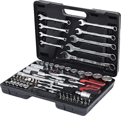 Produktbild: KS Tools 911.0682 1/4 Zoll + 1/2 Zoll Steckschlüssel-Satz | inklusive 2 Umschaltknarren, 45-Zahn | matt satiniert | 82-tlg.