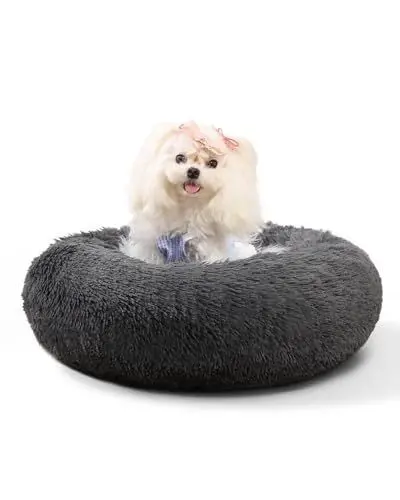 Produktbild: KSIIA Hundebett Flauschig, Katzenbett, Ø 50 cm Rund Donut Hundekissen Waschbar, Langer Plüsch Hundekorb Katzenkorb Katzenkissen für Kleine Hunde Dunkelgrau