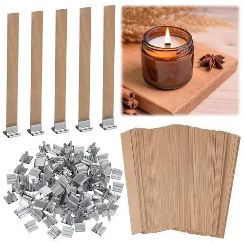 Produktbild: Kssvzz 100 Stück Holzdochte für Kerzen mit 100 Eisenständer, 13 * 130 mm Kerzendocht Holz, Rauchfrei Kerzendochte für Kerzen Holz