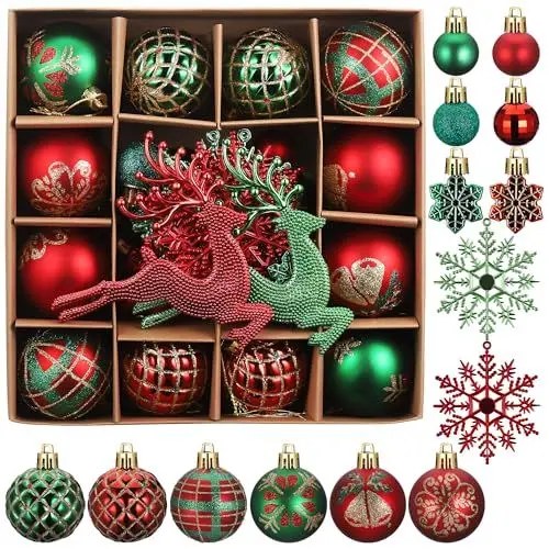 Produktbild: Kssvzz 40Pcs Set Weihnachtskugeln Rot Grün, Kunststoff Christbaumkugeln Weihnachtsdeko mit Aufhänger, Glänzend Glitzernd Matt Weihnachtsbaumschmuck