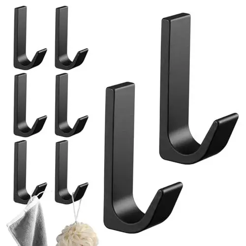 Produktbild: Kssvzz 8 Stück Selbstklebende Haken Extra Stark, Aluminium Wandhaken Selbstklebend Schwarz Matt, Handtuchhaken Ohne Bohren mit Einem Selbstklebenden, Kleiderhaken Selbstklebend für Badezimmer, Küche