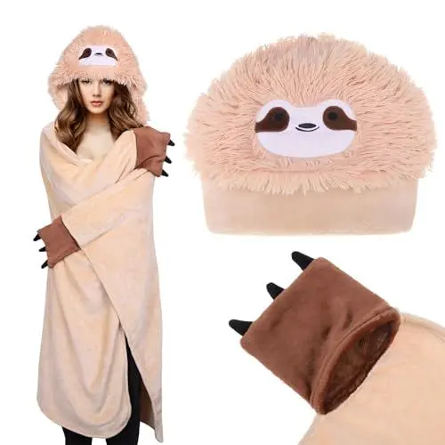 Produktbild: Kssvzz Faultier Kuscheldecke mit Ärmeln und Kapuze, Faultier Geschenk für Frauen, Frauen, Tragbare Decke zum Anziehen, Kuscheldecke Flauschig Kinder, Gelb