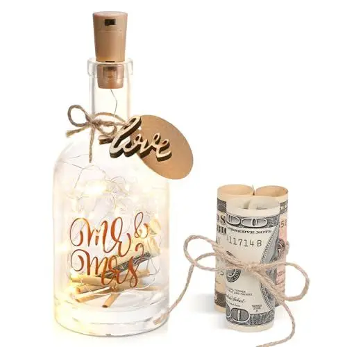 Produktbild: Kssvzz LED Flaschenlicht Hochzeit, Hochzeitsgeschenke für Brautpaar Geld, Hochzeitsgeschenk Personalisiert Mr Mrs Spardose, Geldgeschenk Hochzeit (Hoch)