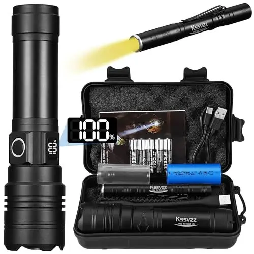 Produktbild: Kssvzz Taschenlampe LED USB C Aufladbar, 500000 Lumen LED Taschenlampe Extrem Hell, Starke Taktische Taschenlampe mit 5 Lichtmodi, Fashlight Torch IPX7 Wasserdicht für Camping, Outdoor, Notfäll