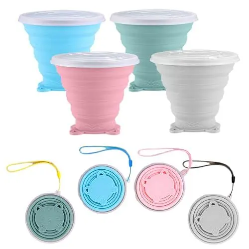Produktbild: Ksvaye 4 Stück Faltbare Becher Silikon BPA-frei 250ML Reisebecher Faltbecher Klappbecher Falttasse Tragbar Trinkbecher mit Kunststoff-Deckel Wiederverwendbar für Picknick Camping Outdoor Wandern Reise