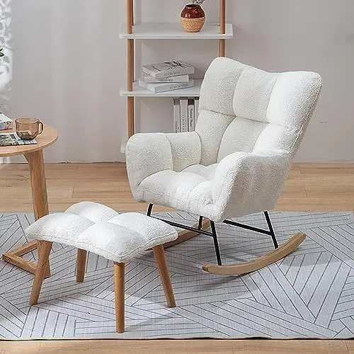 Produktbild: KSWBD Mitte des Jahrhunderts Moderne Teddy Polster -Schaukelstuhl mit Hocker Erwachsener Sessel - ideal für Wohnzimmer, Schlafzimmer und Lesen - Tufted, Stoff, Komfortdesign