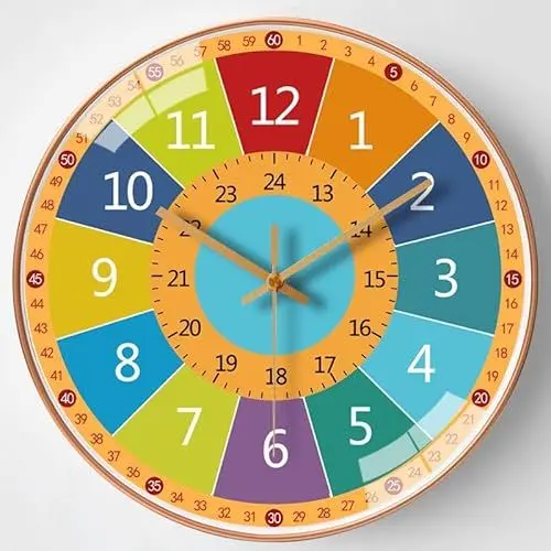 Produktbild: KSYOU Time Teacher Wanduhr zum Lernen der Uhrzeit, bunt, nicht tickend, für Kinder, Mädchen, Jungen, Klassenzimmer, Schlafzimmer, Wohnzimmer, Kinderzimmer, 20,3 cm (3031God)