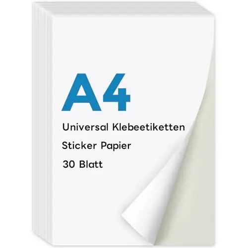 Produktbild: KTRIO A4 Sticker Papier zum Bedrucken 30 Blatt, Stickerpapier zum Selbstklebende Etikettenpapier Super selbstklebend, Bedrucken Sie Ihre Eigenen, Aufkleber für Laser und Tintenstrahldrucker