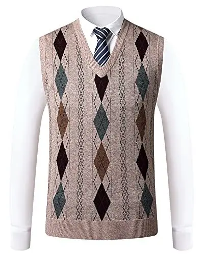 Produktbild: KTWOLEN Herren Argyle West V-Ausschnitt Pullunder Slim Fit Strickweste Casual Ärmellos Wollweste Pulloverweste für Herbst Winter