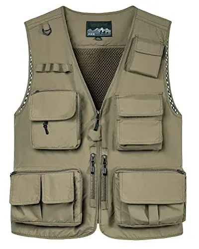 Produktbild: KTWOLEN Herren Outdoor Weste mit Mehreren Taschen Leicht Anglerweste Jagdfischen Outdoor Camping Fotografie Ärmellos Angeljacke, Khaki, L