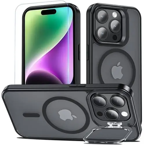 Produktbild: Kuaguozhe für iPhone 15 Pro Hülle, Handyhülle für iPhone 15 Pro mit Schutzfolie, Kompatibel mit MagSafe, integrierter Versteck Ständer Magnetisch Case Stoßfest Schutzhülle für iPhone 15 Pro (Schwarz)