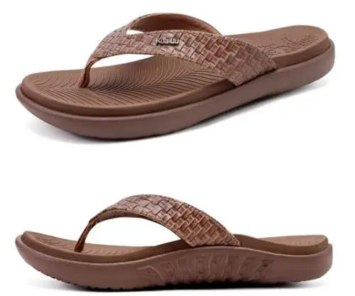 Produktbild: KuaiLu Braun Flip Flops Damen Leder Zehentrenner mit Arch Support für Sommer Beach Frauen Bequeme Yoga Mat Tanga Sandalen für Plantar Fasciitis Größe 39EU
