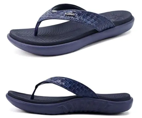Produktbild: KuaiLu Dunkel Blau Flip Flops Damen Leder Zehentrenner mit Arch Support für Sommer Beach Frauen Bequeme Yoga Mat Tanga Sandalen für Plantar Fasciitis Größe 39EU