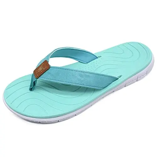Produktbild: KuaiLu Flip Flops Damen Weich Leder Stoff Zehentrenner Frauen Bade Sandalen Bequeme Breite Füße Badelatschen Yoga Gummi Fußbett Sommer Strand Zehensandalen Rutschfest Drinnen Draußen Türkis 39