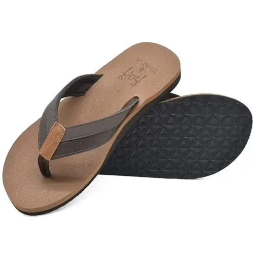 Produktbild: KuaiLu Flip Flops Herren Weich Leder Zehentrenner Männer Bade Sandalen Bequeme Breite Füße Badelatschen Yoga Gummi Fussbett Sommer Strand Zehensandalen rutschfest Indoor Outdoor Khaki 43