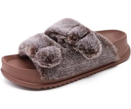 Produktbild: KuaiLu Hausschuhe Damen Orthopädische, Plüsch Warme Slides Sandalen für Frauen mit Weiche Fussbett Kuschelige Arch Support Flauschige Pantoffeln Offener Zeh Sommer Winter Gr. 40 Braun
