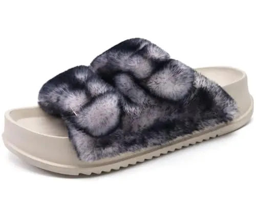 Produktbild: KuaiLu Hausschuhe Damen Orthopädische, Plüsch Warme Slides Sandalen für Frauen mit Weiche Fussbett Kuschelige Arch Support Flauschige Pantoffeln Offener Zeh Sommer Winter Gr. 40 Schwarz Weiß