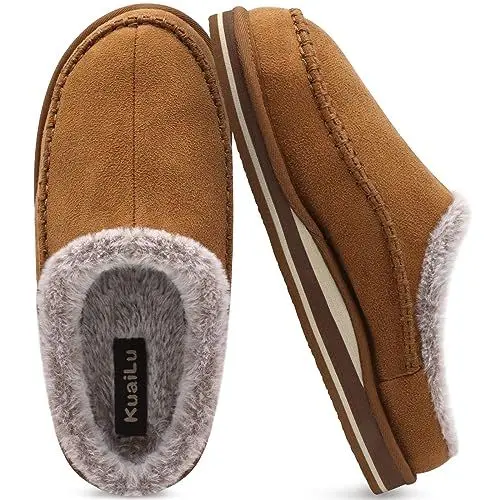 Produktbild: KuaiLu Herren Kuschelschuhe aus Plüsch mit offenem Rücken Herren Memory-Schaum Clog Hausschuhe Bequeme handgemachte Stitch Microsuede Slip-On Hausschuhe mit stützend Indoor Outdoor Khaki Größe 43