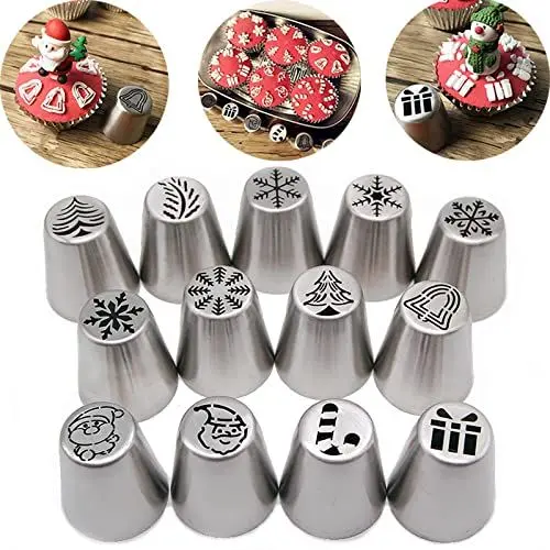 Produktbild: Kuchendekorationsset, 13-teilig, Spritztüllen aus Edelstahl, nahtlose Spritztüllen, Weihnachtsmuster für Kuchen