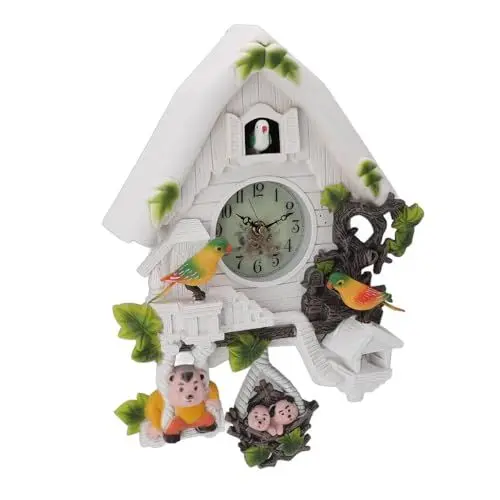 Produktbild: Kuckucksuhr Im Europäischen Stil, Geräuschloser Betrieb, Weißes Dekor, Niedliches Vogelhaus-Design, Durchgehendes Glockenspiel, Geräuschlose Kinderuhr
