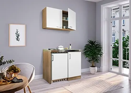 Produktbild: Küche Miniküche Singleküche Küchenzeile Pantry Eiche Weiß Levin 100 cm Respekta