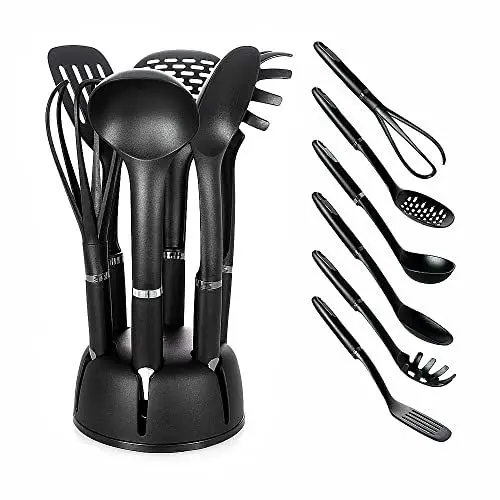 Produktbild: BEM Küchenhelfer 6-tlg. Set mit drehbarem Standhalter, Küchenutensilien, Kochlöffelset, Pfannenwender, Suppenkelle, Nudellöffel, Schaumlöffel, Schneebesen, Servierlöffel
