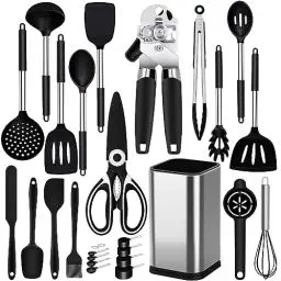 Produktbild: Küchenhelfer Set, 26 Stück Silikon Küchenutensilien Set, Hitzebeständiger Kochgeschirr mit Utensilienhalter, Silikon Pfannenwender Kochlöffel Antihaft Spachtel, BPA Frei, Spülmaschinenfest, Schwarz