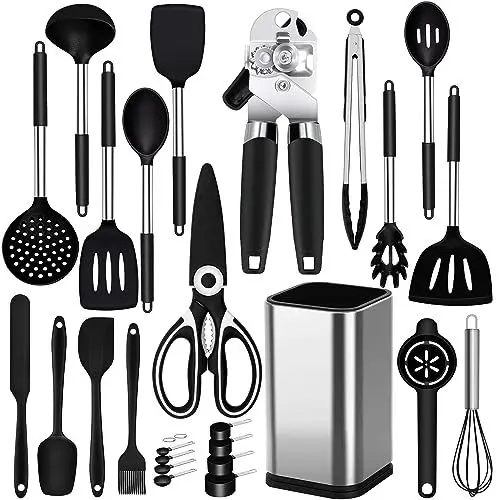 Produktbild: Küchenhelfer Set, 26 Stück Silikon Küchenutensilien Set, Hitzebeständiger Kochgeschirr mit Utensilienhalter, Silikon Pfannenwender Kochlöffel Antihaft Spachtel, BPA Frei, Spülmaschinenfest, Schwarz