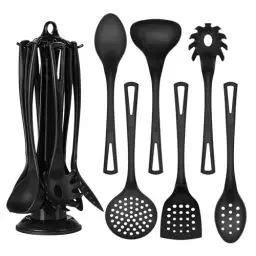 Produktbild: Küchenhelfer Set, 7-teiliges Kochutensilien Kochbesteck Set, Kochgeschirr Spachtel-Set mit Ständer, Hitzebeständig, Leicht zu Reinigen, Spülmaschinenfest, Gesund & Antihaft, Schwarz