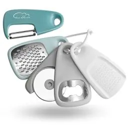 Produktbild: Küchenhelfer Set Edelstahl 5-teilig Küchenutensilien, Käsereibe, Flaschenöffner, Obst-/Gemüseschäler, Pizzaschneider, Knoblauch-/Ingwermühle, Camping Zubehör, Spülmaschinenfest (blau)