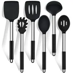 Produktbild: Küchenhelfer Set, HaWare 6 Stück Silikon Küchenutensilien Kochlöffel Set mit Edelstahlgriff, Antihaft Hitzebeständiger Kochutensilien Kochbesteck Set, Leicht zu Reinigen & Spülmaschinenfest - Schwarz